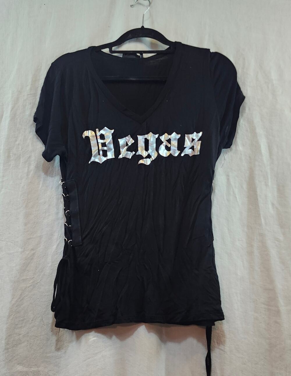 Vegas YMF Sexy Side Lace Sz Large Cap Sleeve Soft Jersey Knit T Shirt